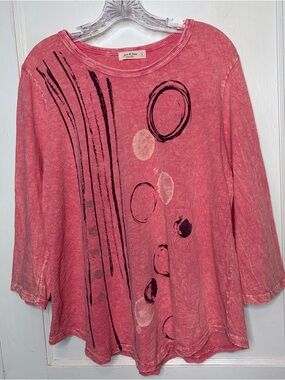 Jess & Jane Light Coral Pink Abstract Mineral Wash Cotton Knit Top Size Large